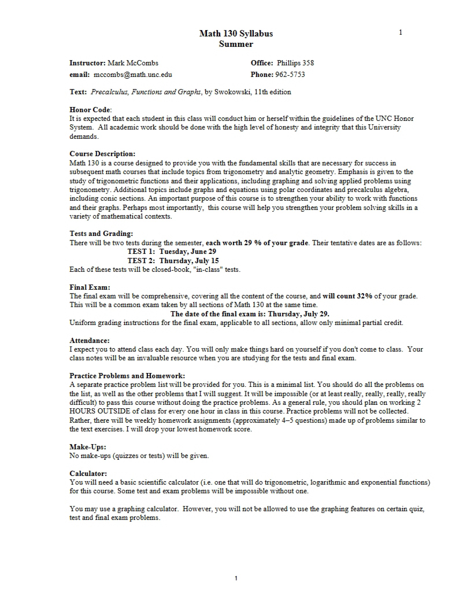 Precalculus Mathematics Syllabus