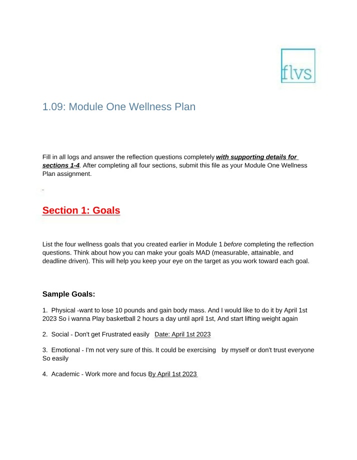 Module One Wellness Plan - Tracking Progress and Setting Goals