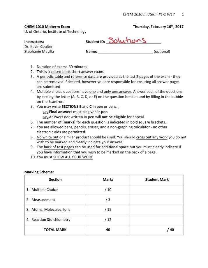 Midterm I Answers - CHEM1010 (W17)