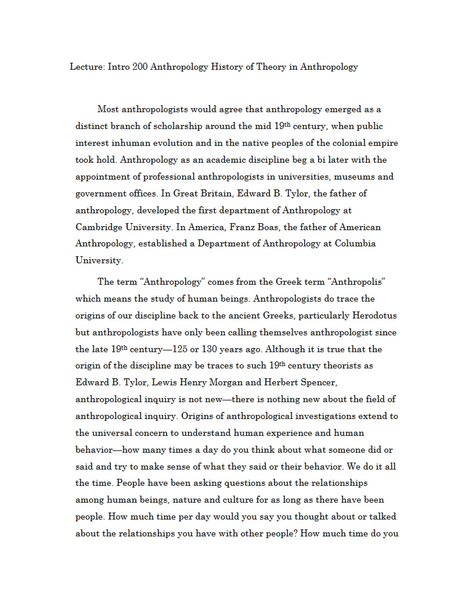 History of Theory in Anthropology Intro 200