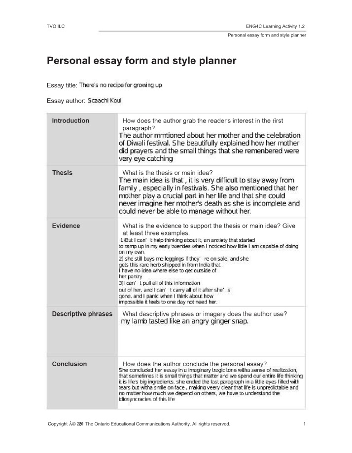 Personal Essay Form and Style Planner Part 1