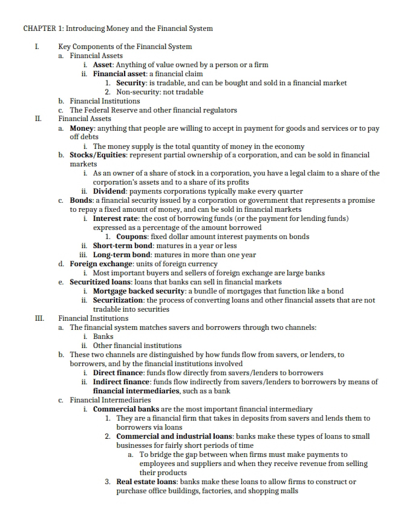 Chapter One's Introduction to the Financial System and Money