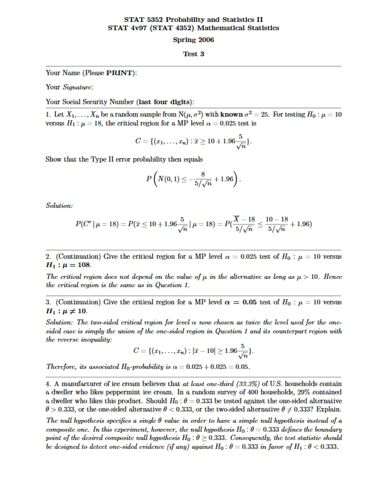 Statistics Through Examples Test Three