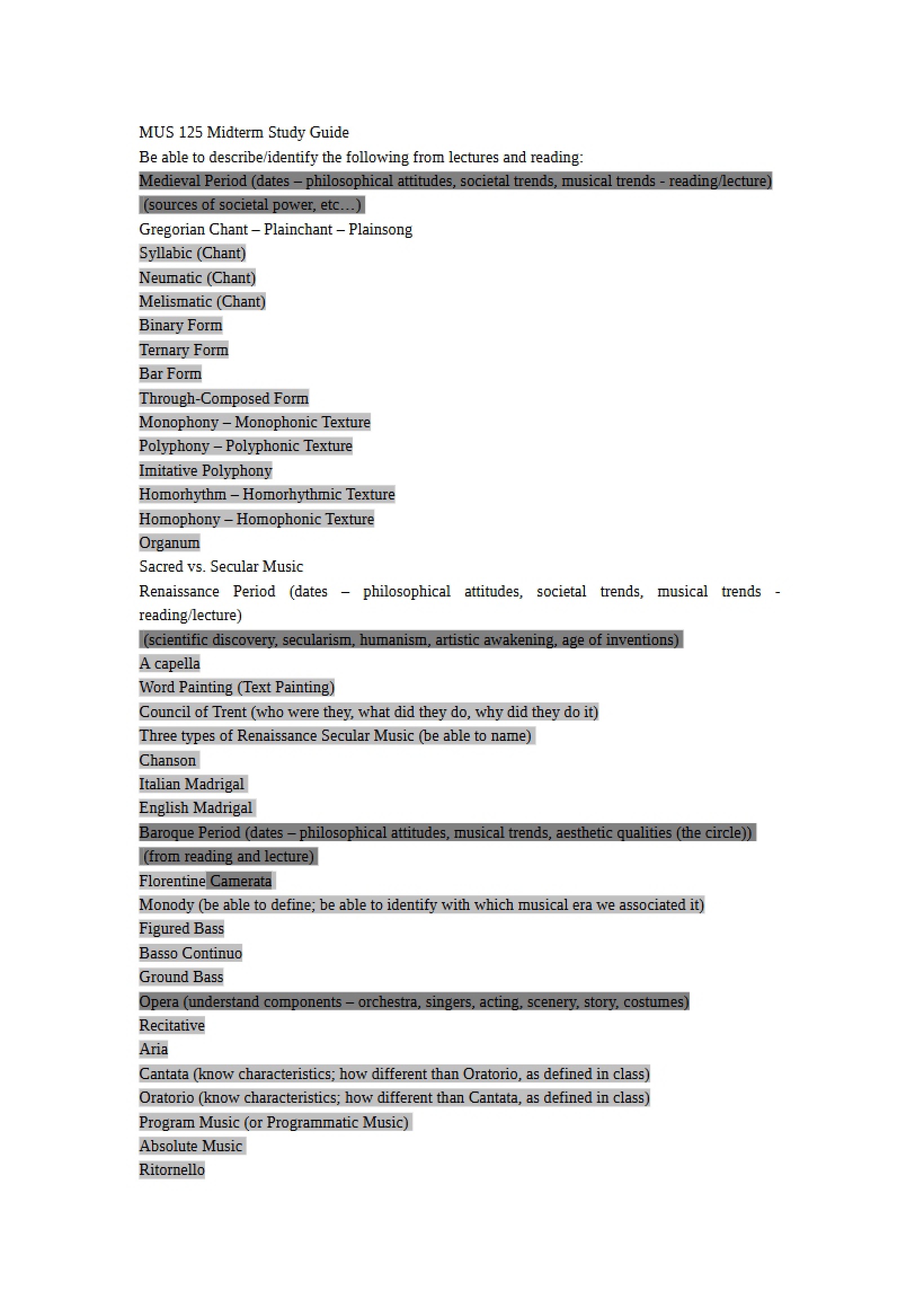 Music 125 Midterm Guide