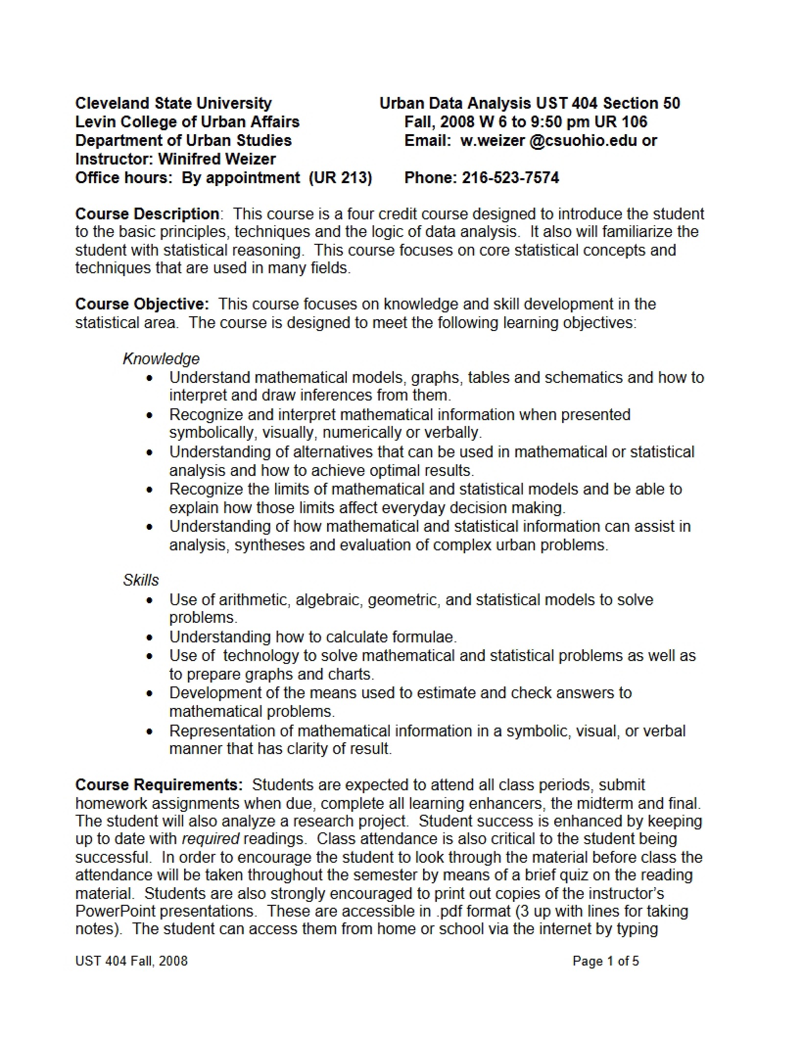Course Outline for Urban Data Analysis