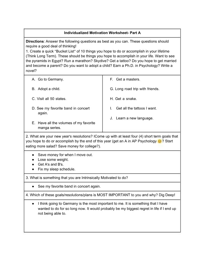 Worksheet on Individualized Motivation