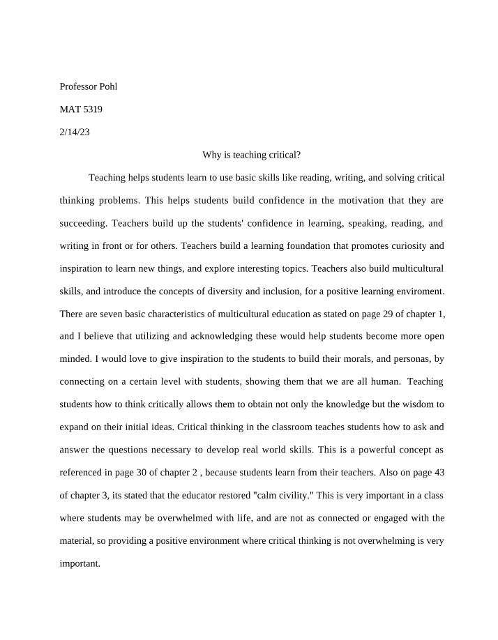 Why Teaching is Critical - Building Confidence and Multiculturalism