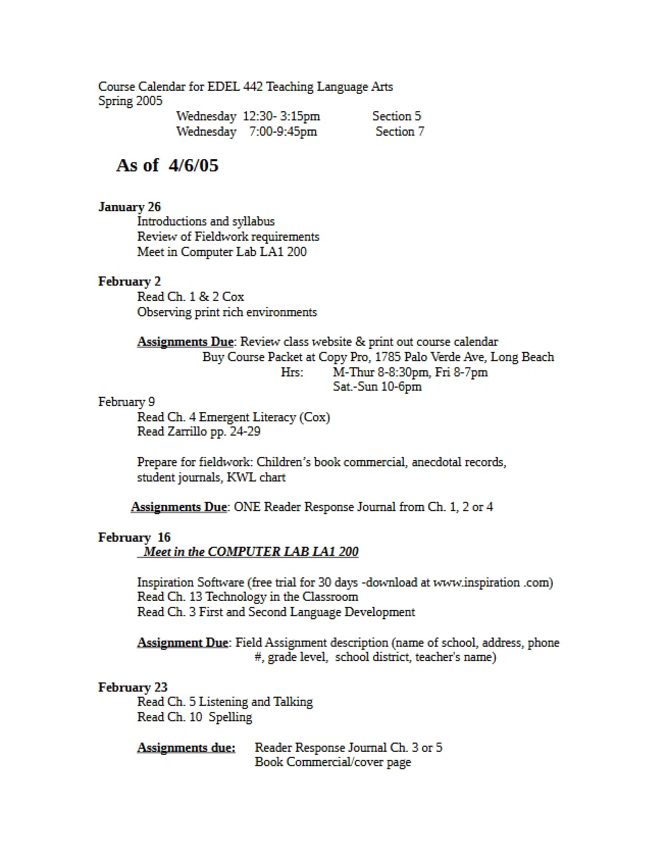 Spring 2005 Course Calendar