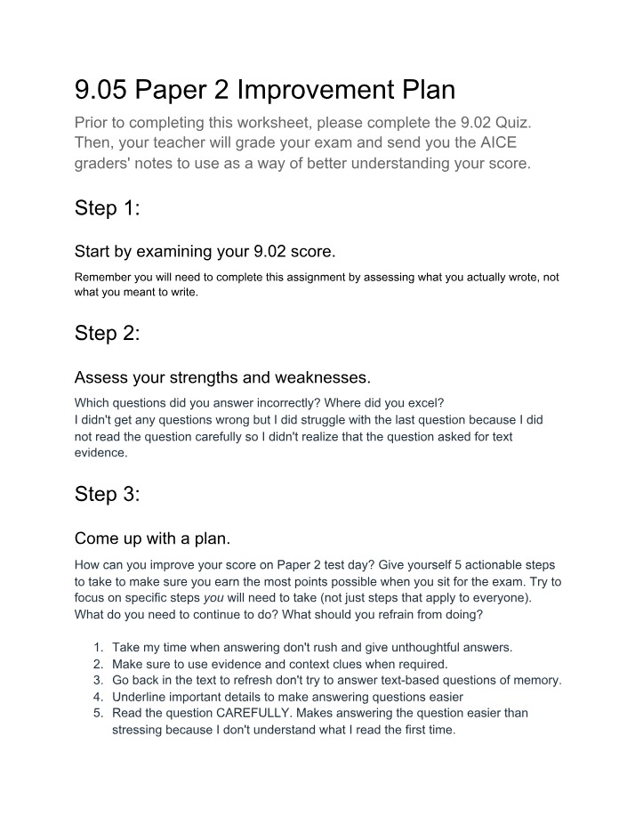 9.05 Paper 2 Improvement Plan Section One