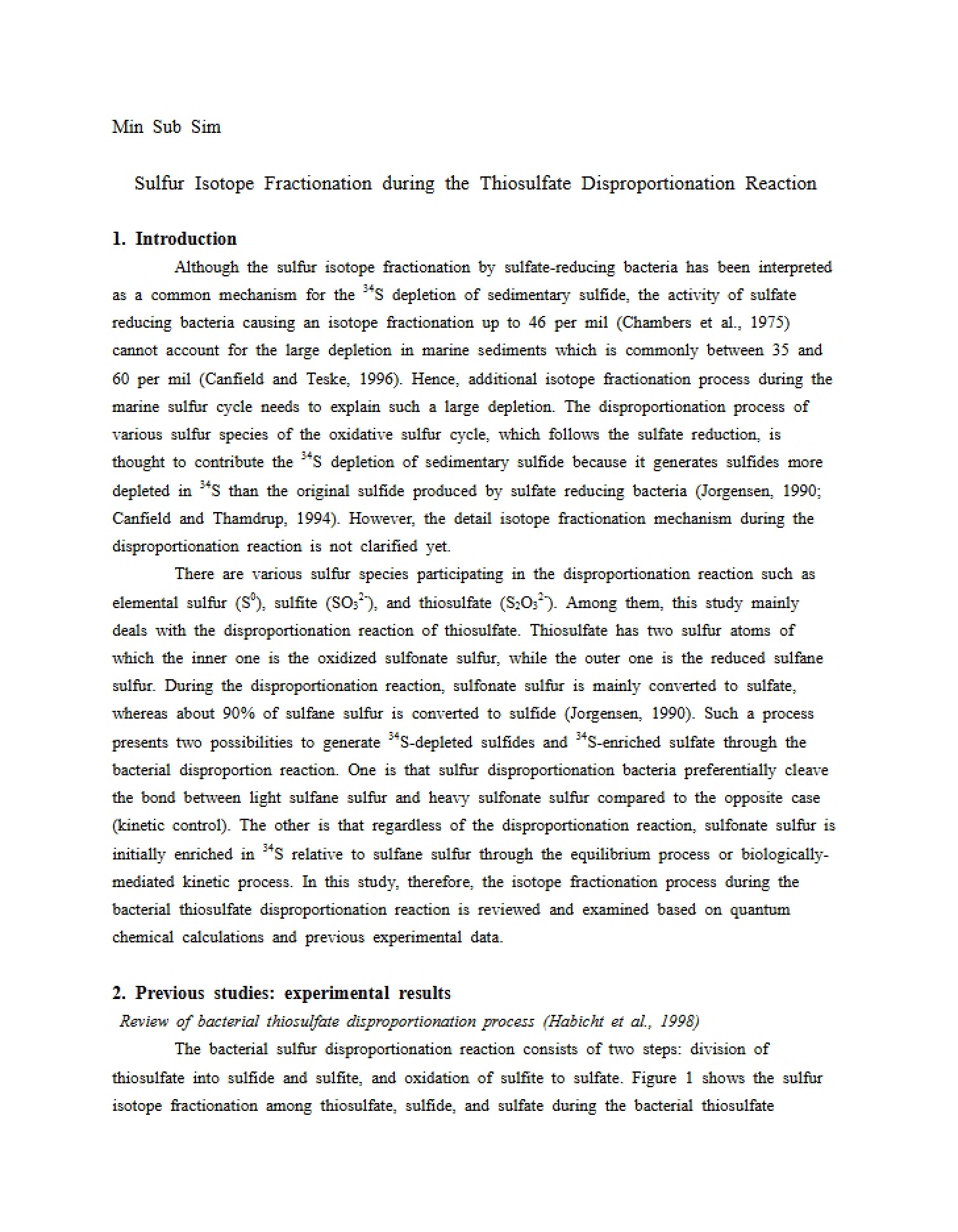 Thiosulfate Disproportionation Reaction Sulfur Isotope Fractionation