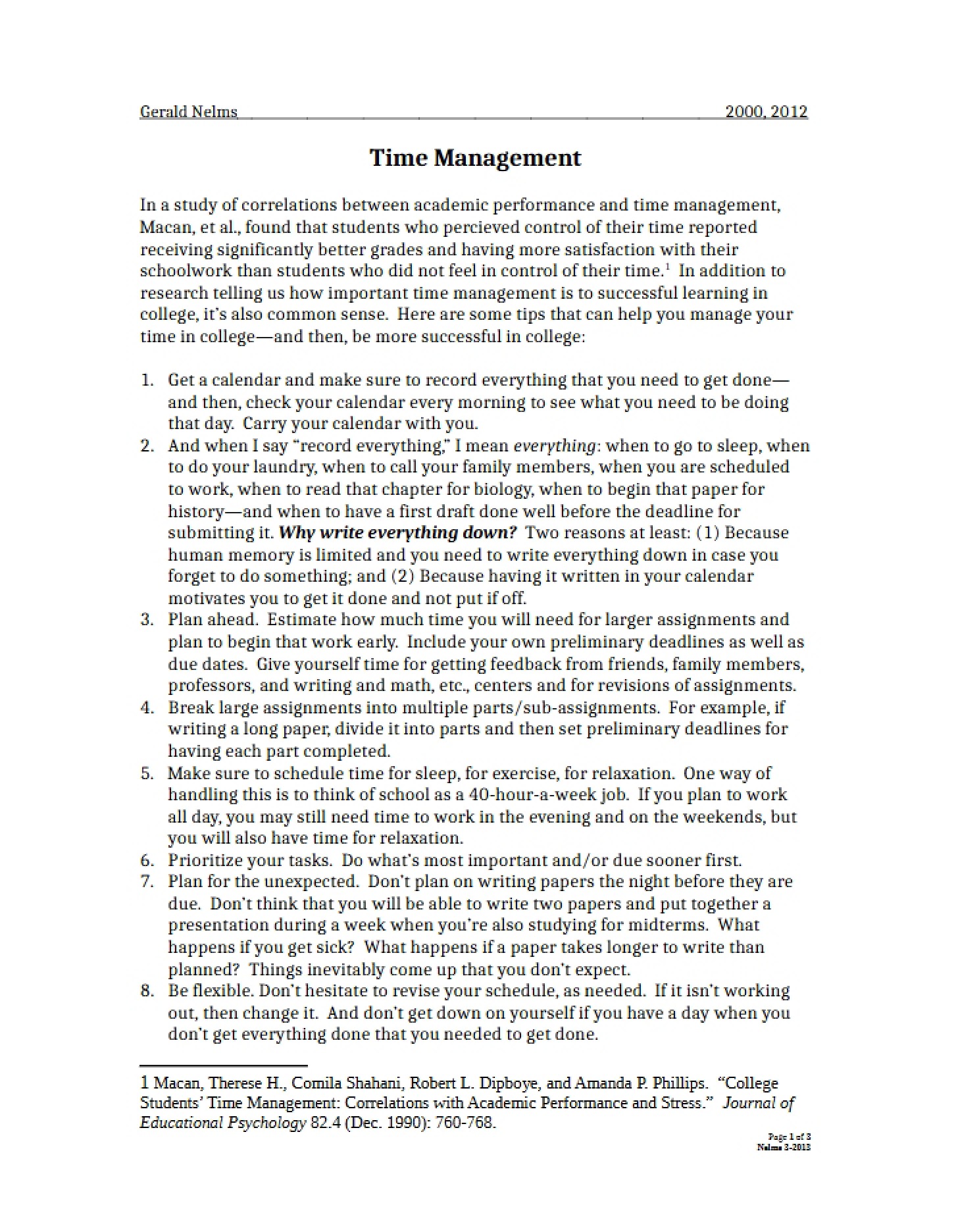 Management of Time