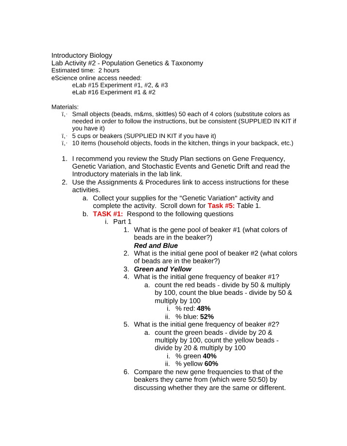 Biology Lab 2 - Taxonomy and Population Genetics