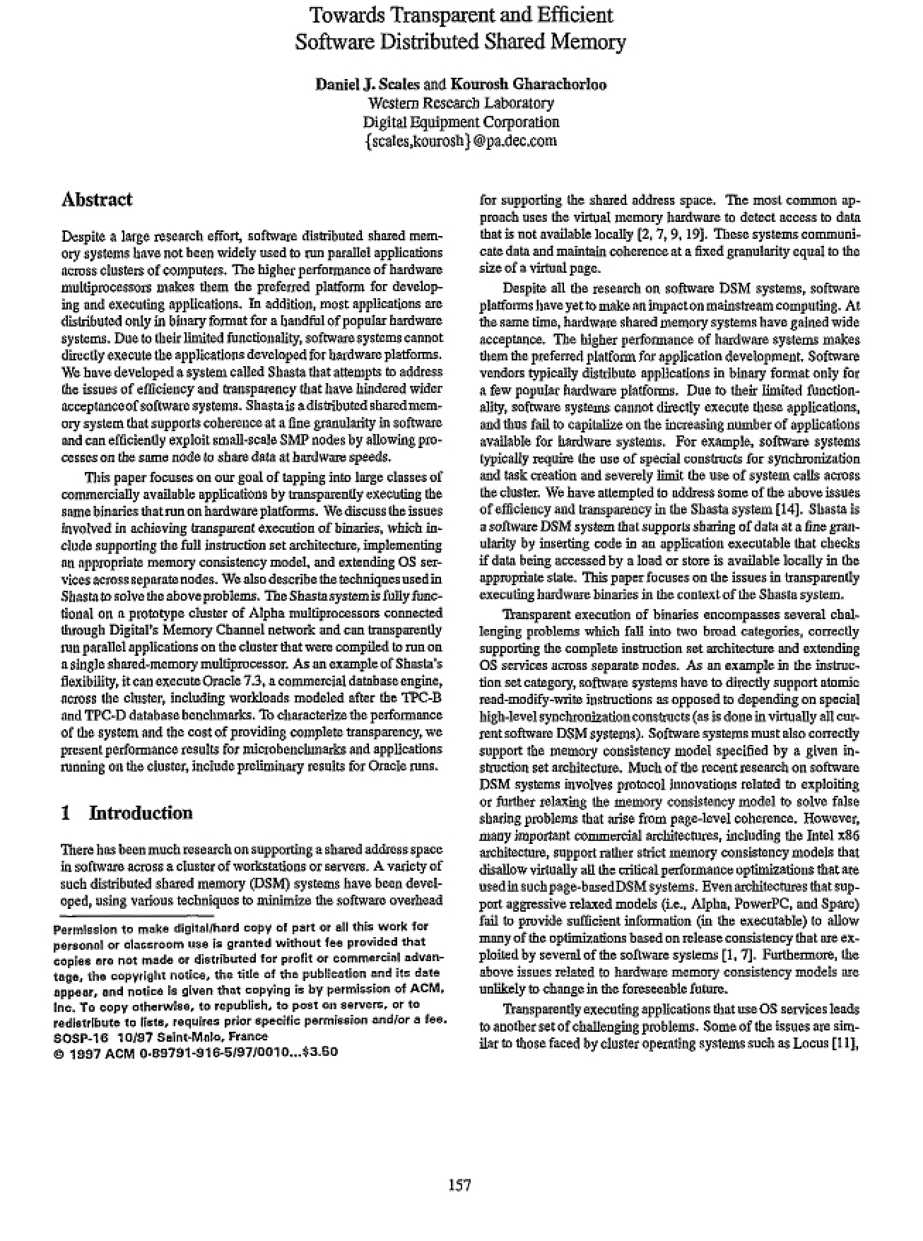 Efficient Transparent Software Distributed Shared Memory
