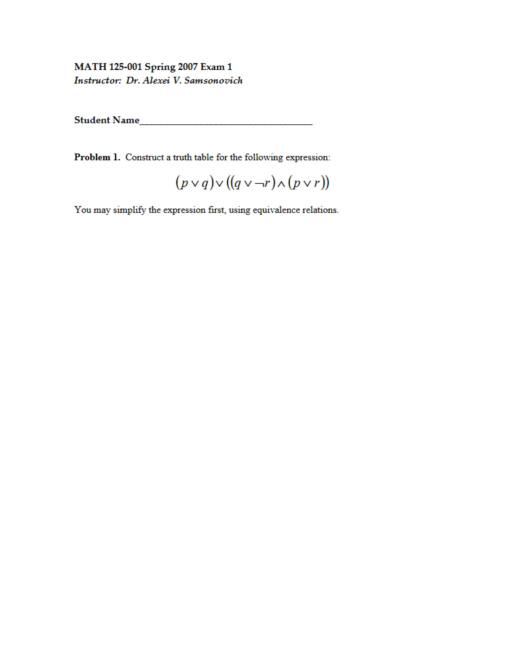 First Exam for Math 125
