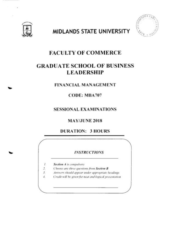 MBA707 Financial Management - May-June 2018 Sessional Exams
