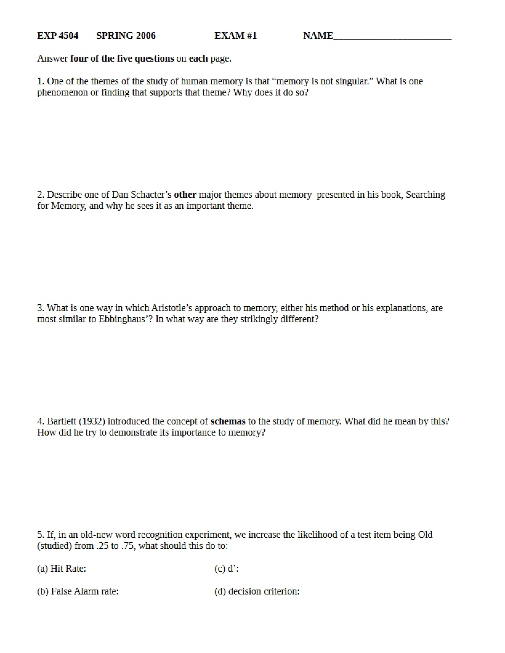Human Memory Exam One