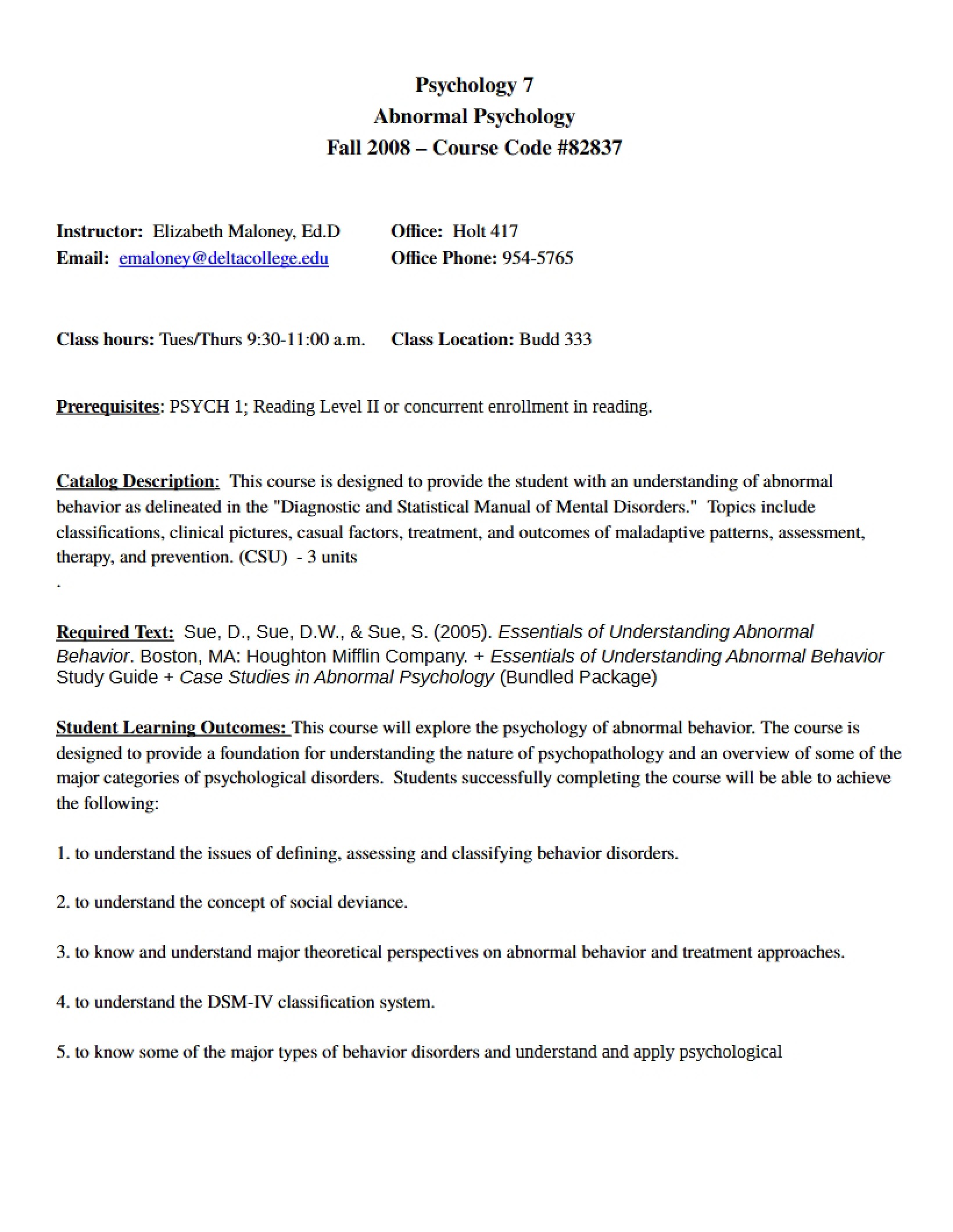 Abnormal Psychology Syllabus