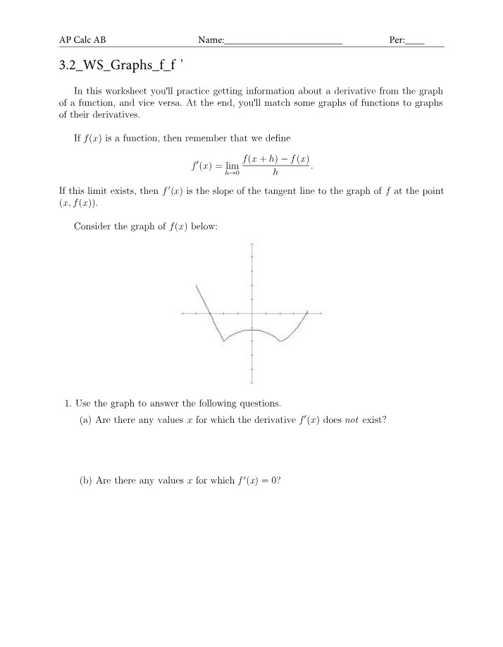 Graphs of f and f' - Worksheet 3.2