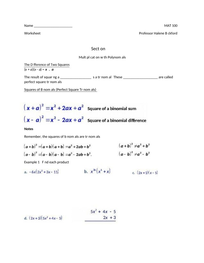 Worksheet 4.3 in MAT 100