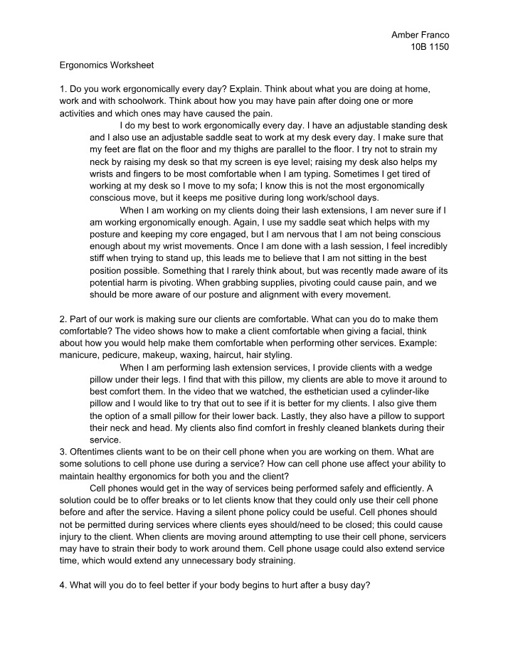 Worksheet on Ergonomics