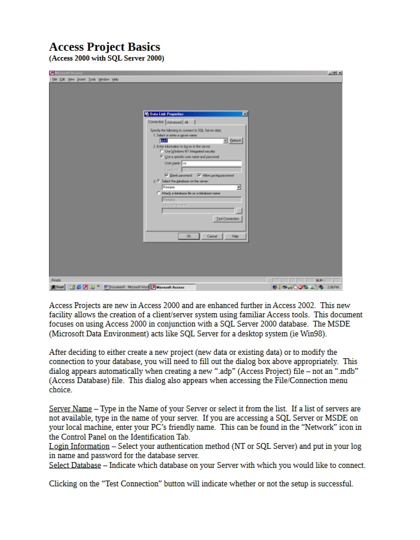 Access Project SQL Server Connection