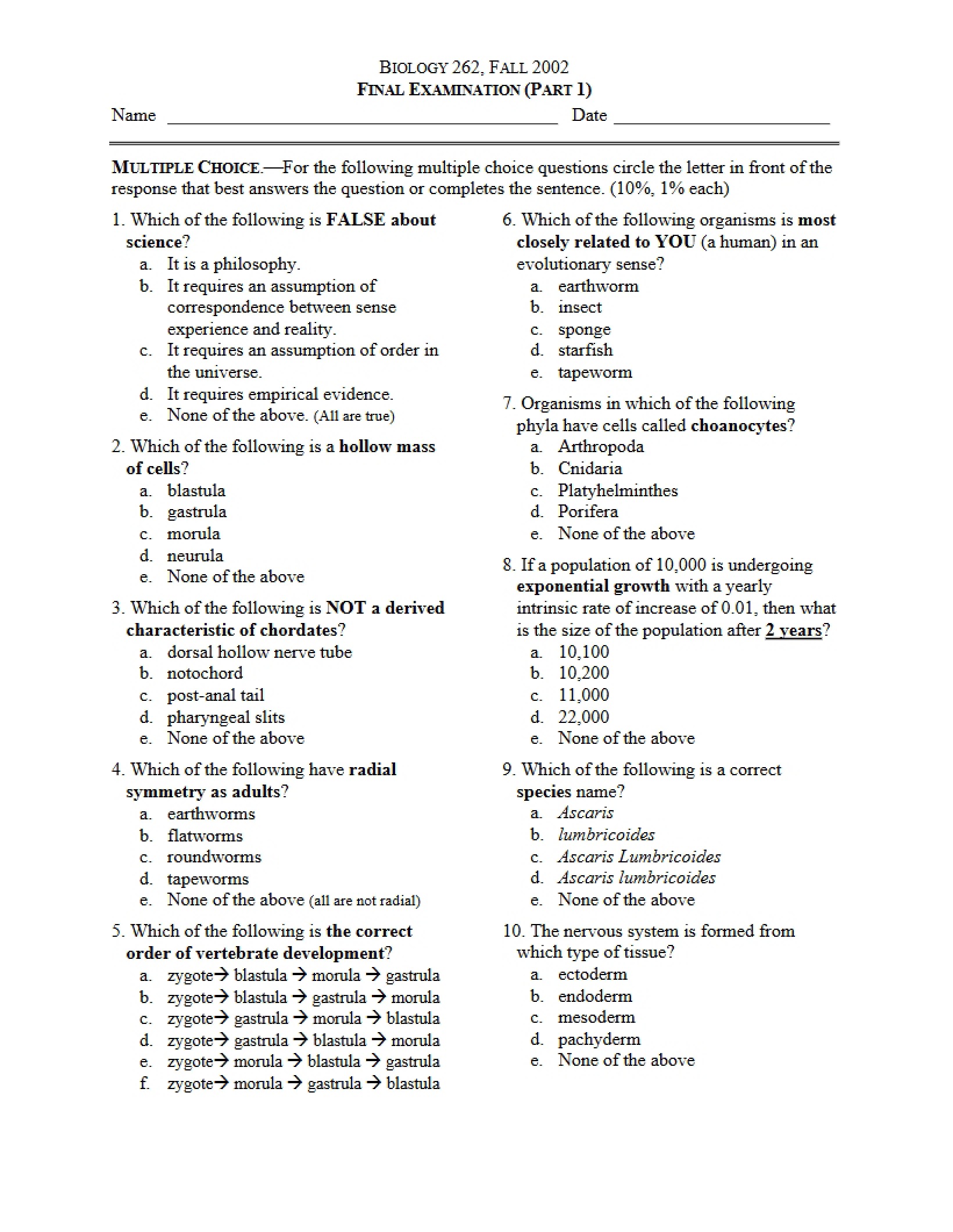 Examination Final (Principles of Biology) - 8 Pages
