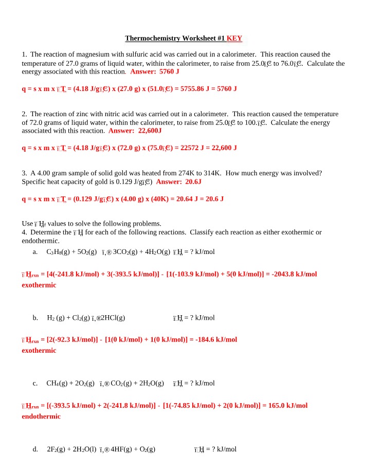 Answer Key for Thermochemistry Worksheets 1 and 2