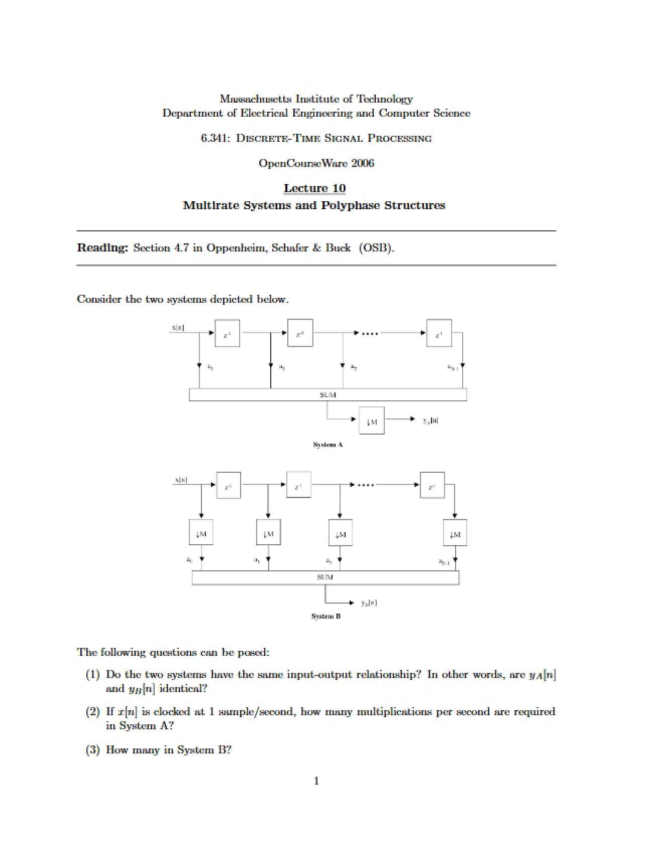 Polyphase Structures and Multirate Systems
