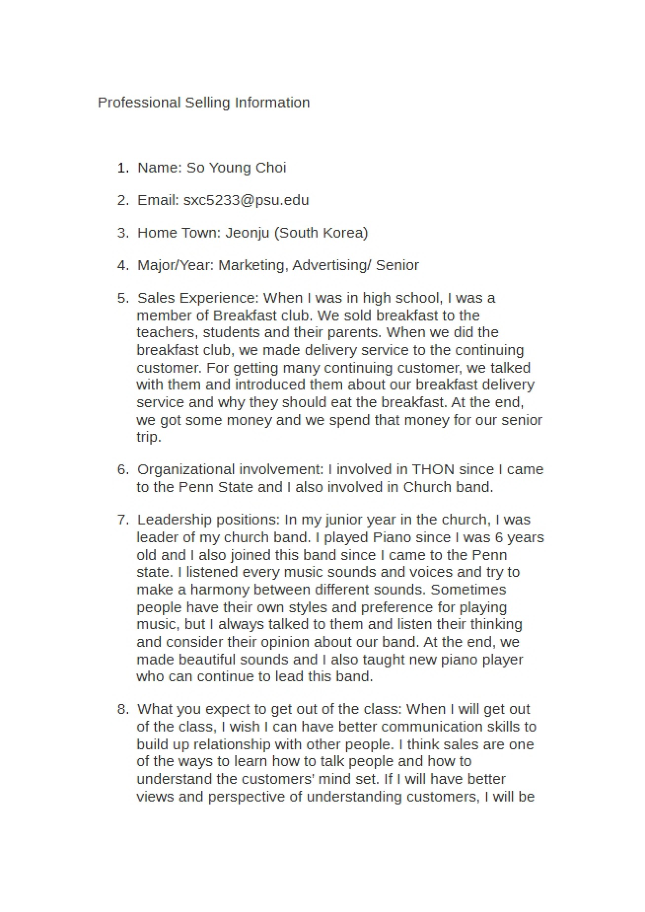 Information on Professional Selling