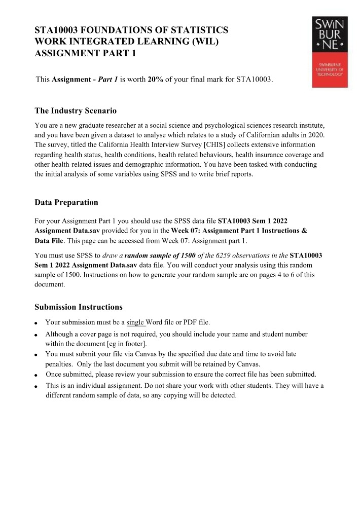 Work Integrated Learning Assignment Part 1 - STA10003