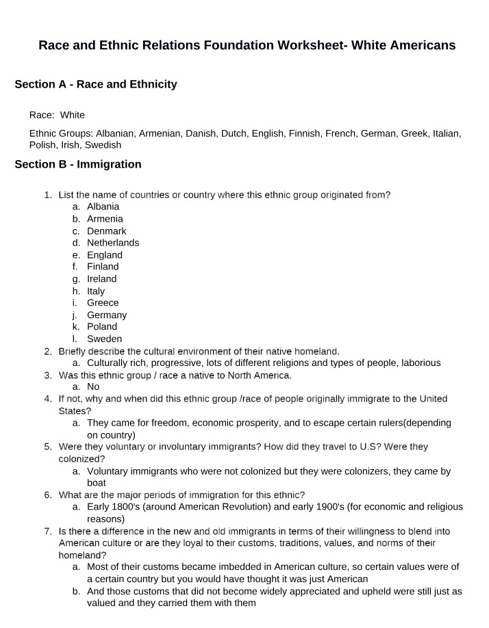 Worksheet on Race - White Americans