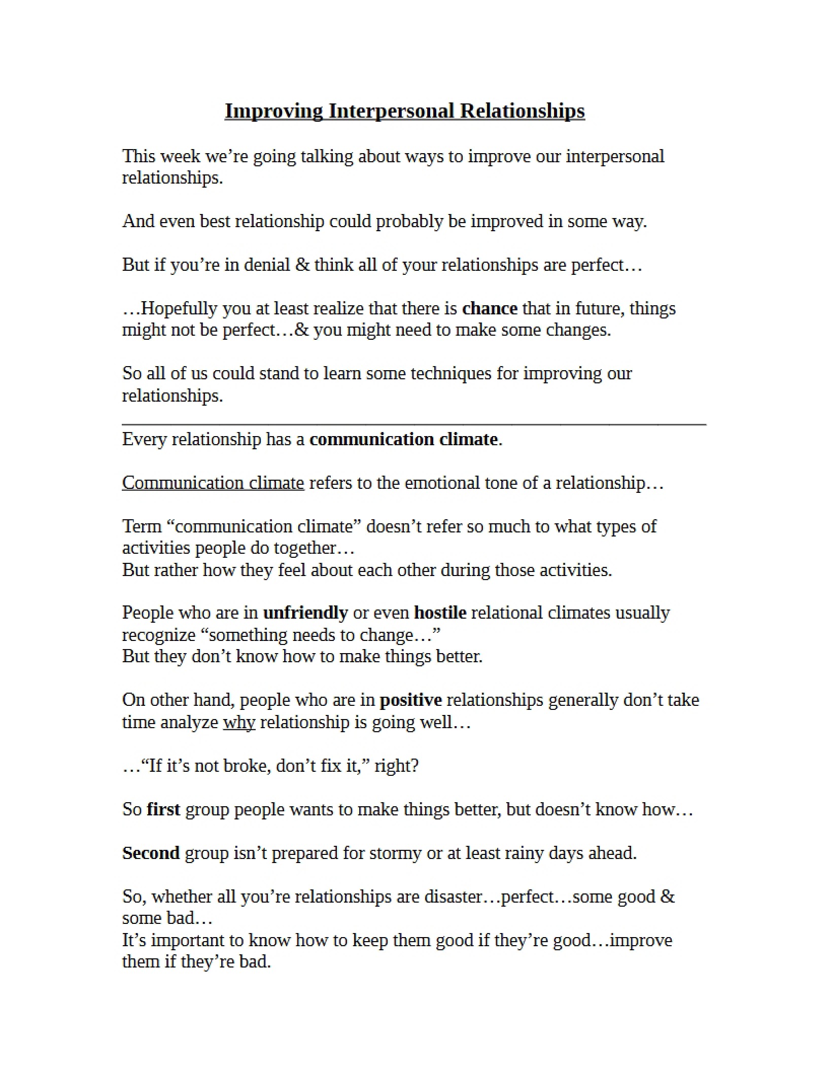 Improvement of Interpersonal Relationships