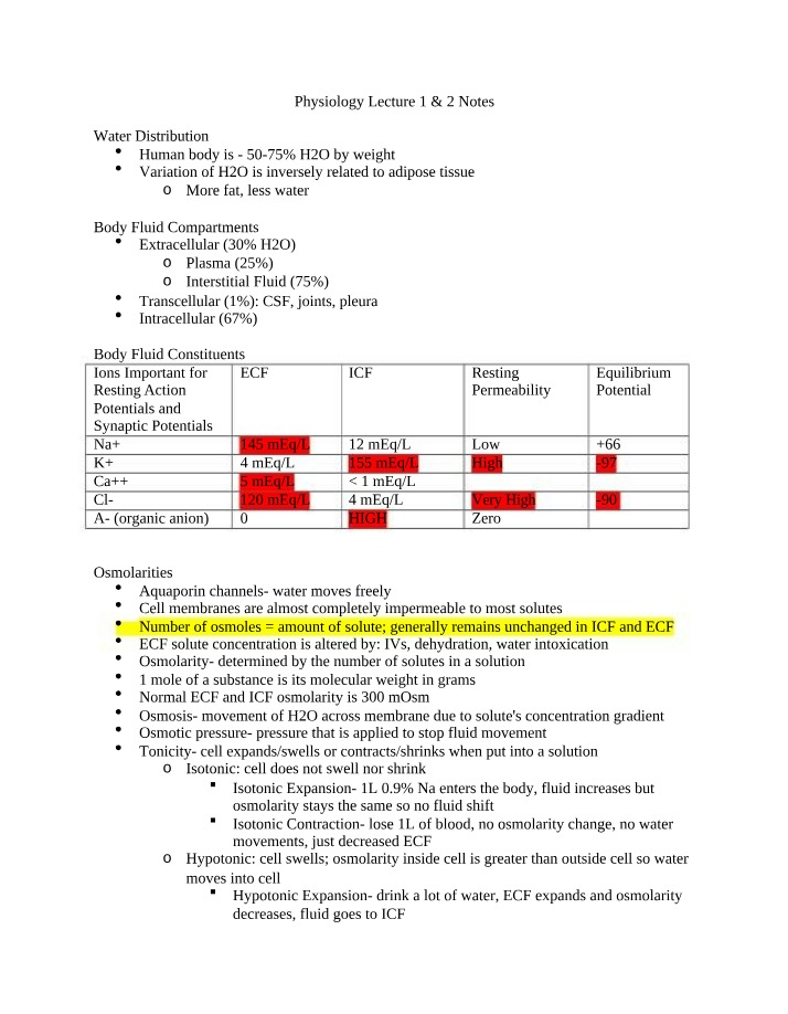 Physiology Notes - Lecture 1 & 2