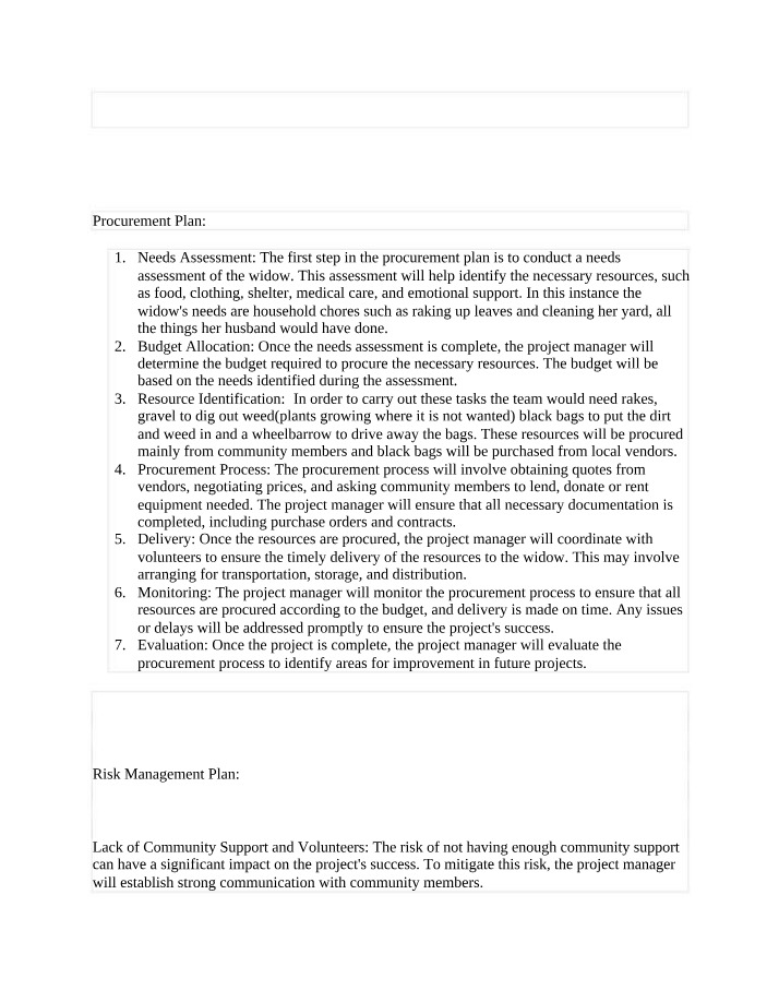 Widow Support Project - Procurement and Risk Management Plan