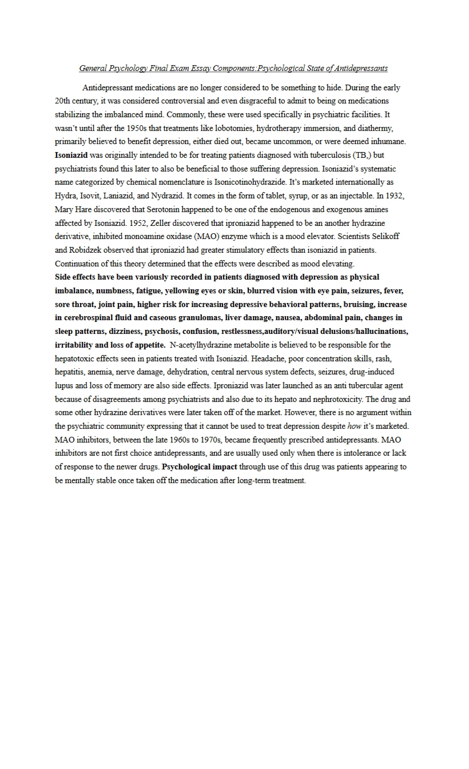 Antidepressants Psychological State Final Exam Essay