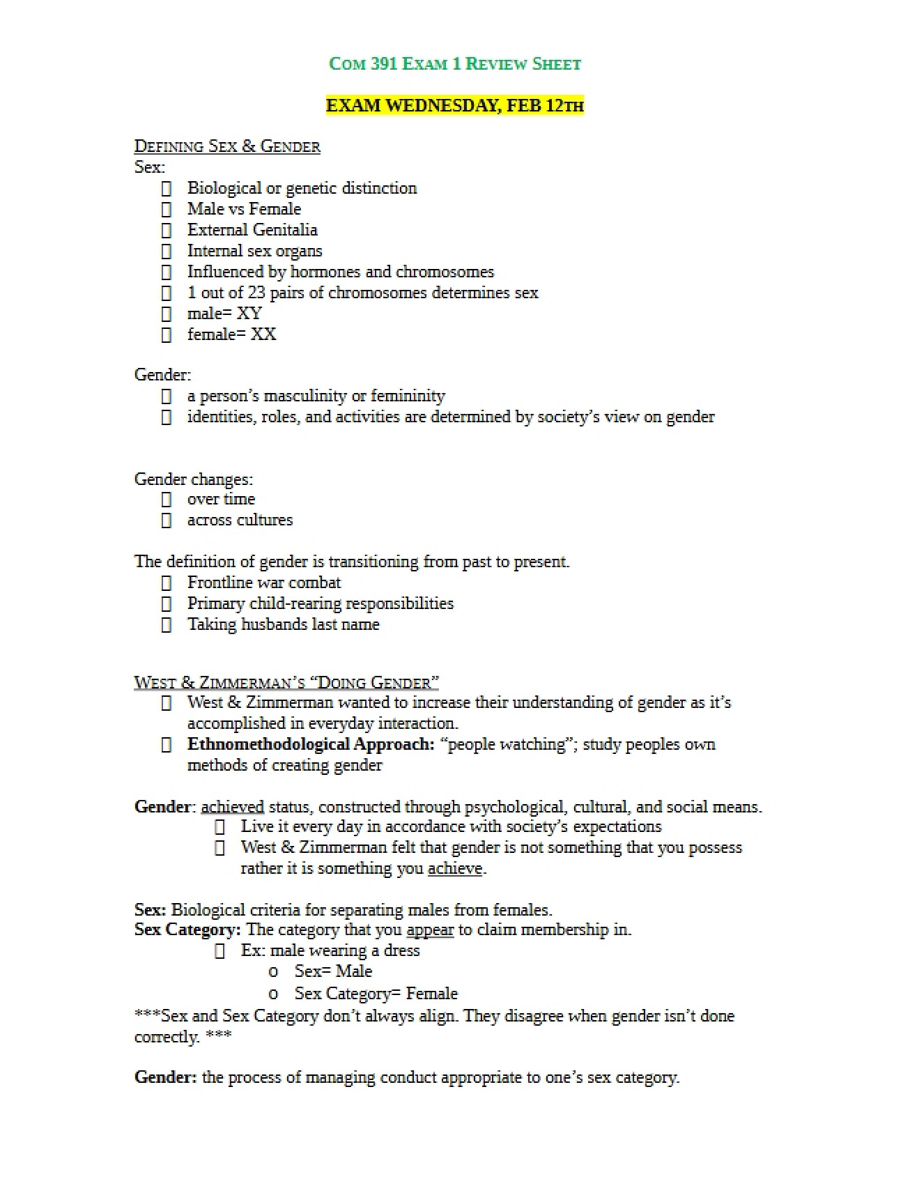 Study Guide for Exam 1