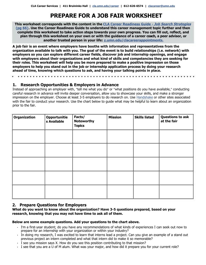 Job Fair Preparation Worksheet