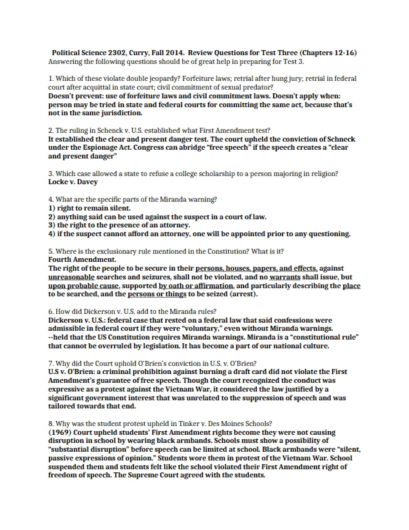 Political Science Review Questions