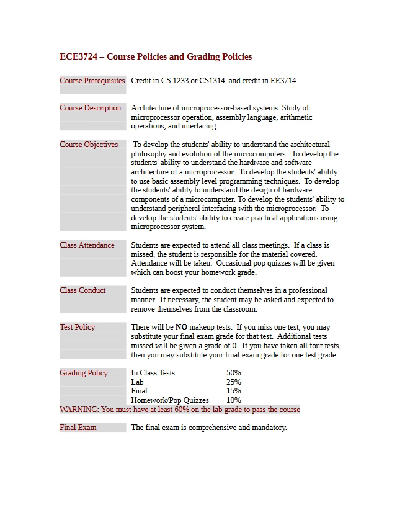 Policies on Grading and Coursework