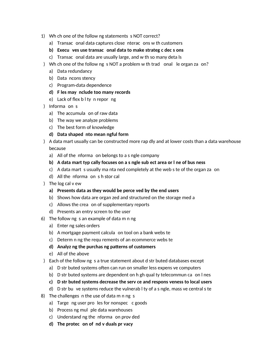 Quiz on Data Management and Warehousing Concepts