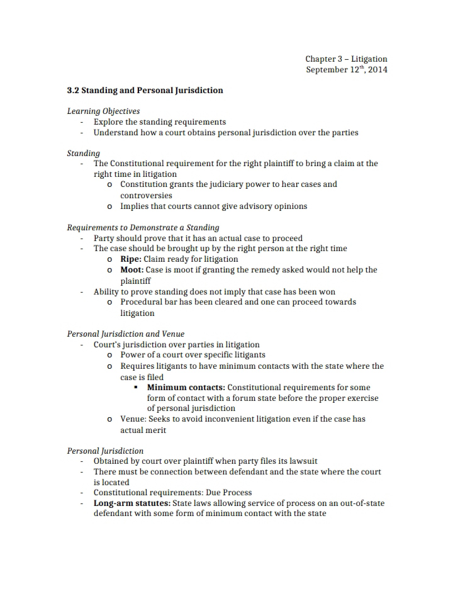 Personal Jurisdiction and Standing