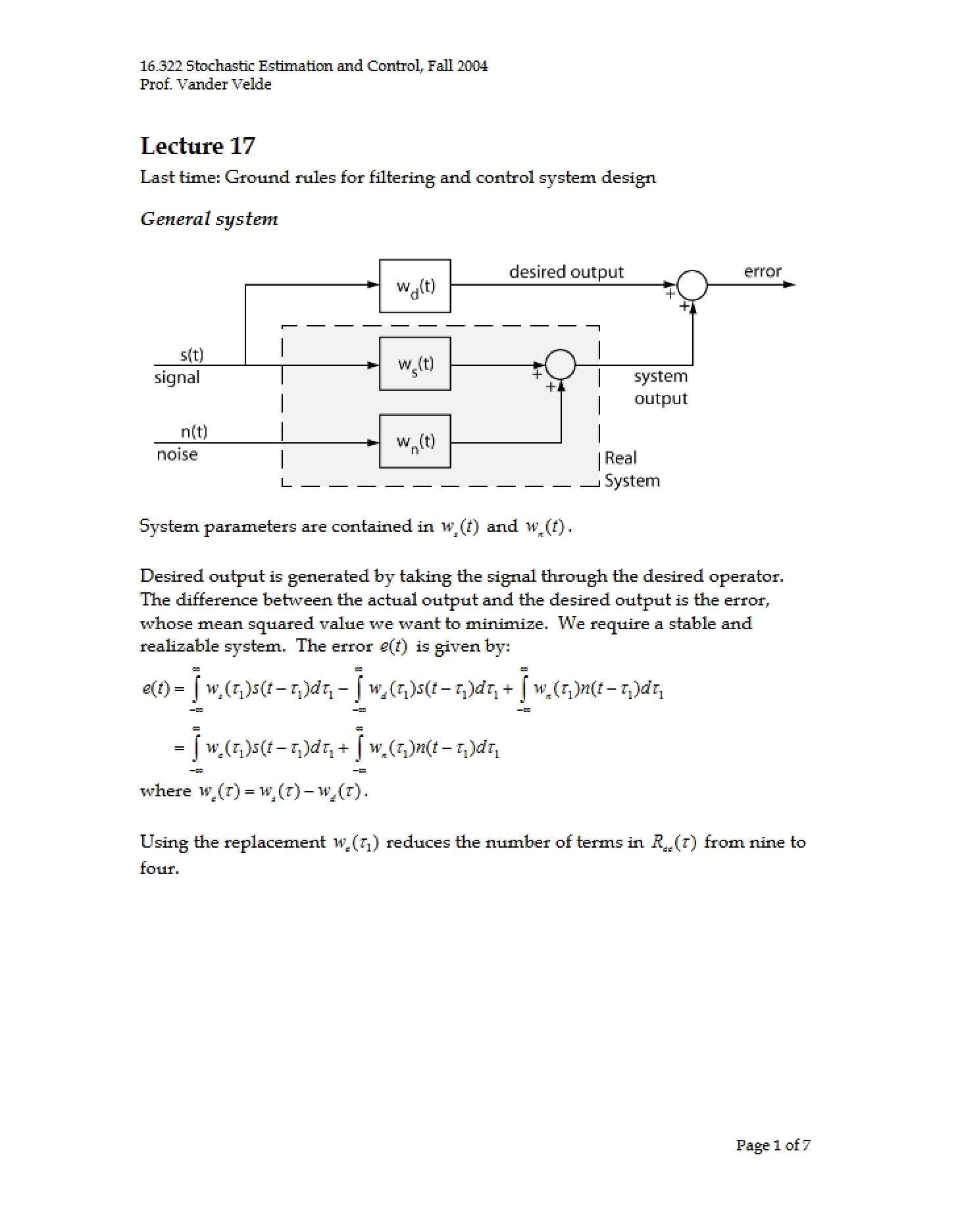 Ground Rules for Control System Design and Filtering (Lecture 17 Review)