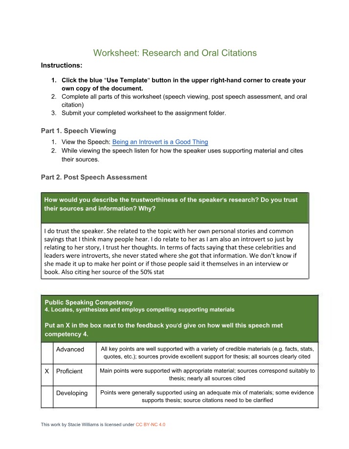 Worksheet for Research and Oral Citations