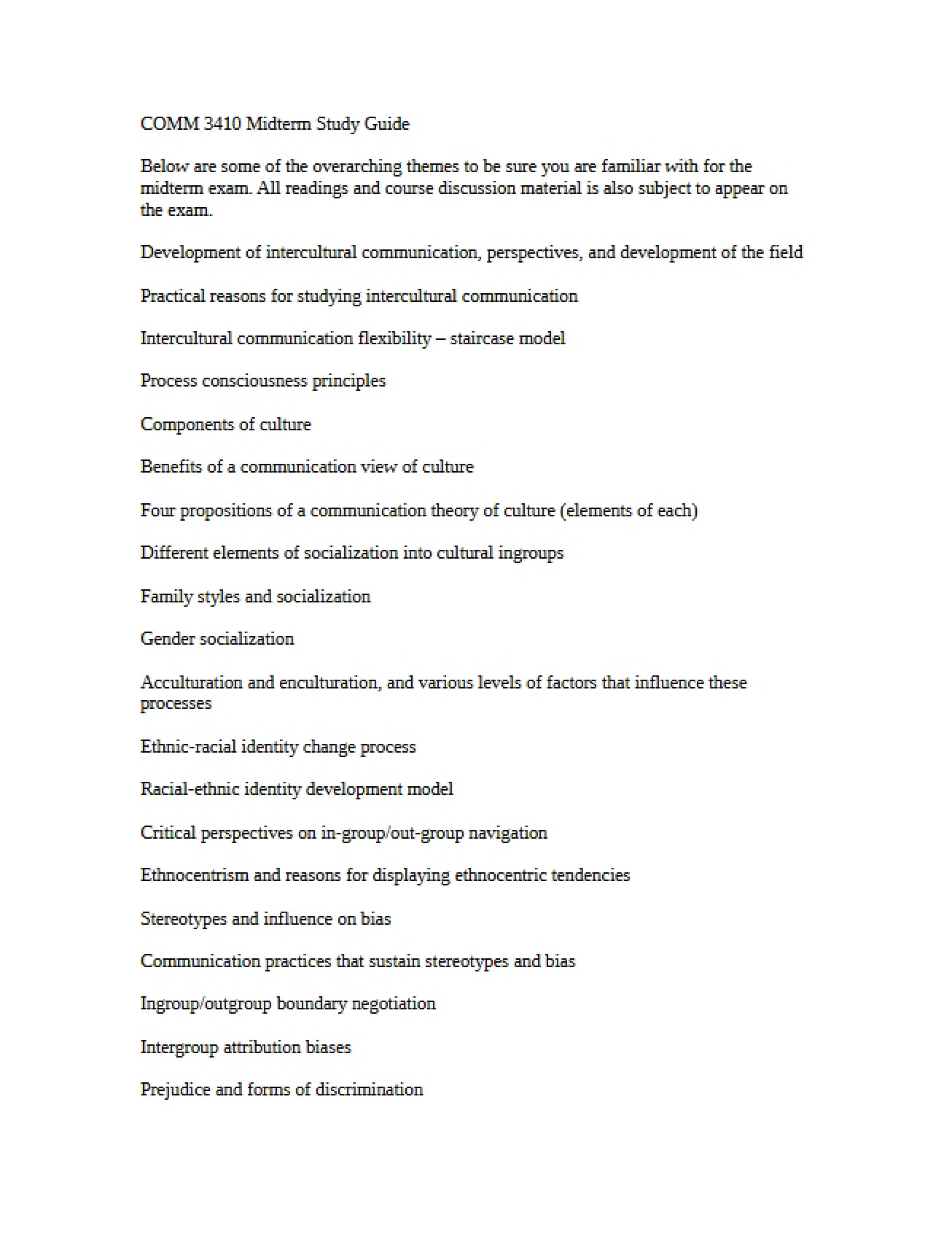 Midterm Study Guide for Intercultural Communication