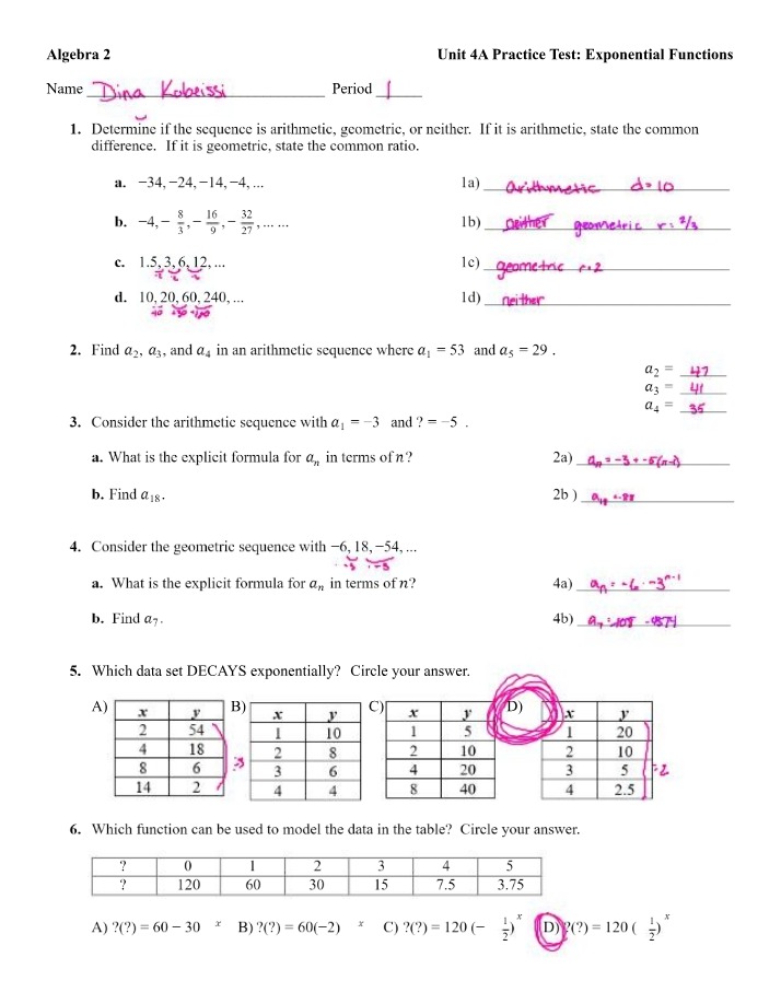Exponential Functions Unit 4A Practice Test