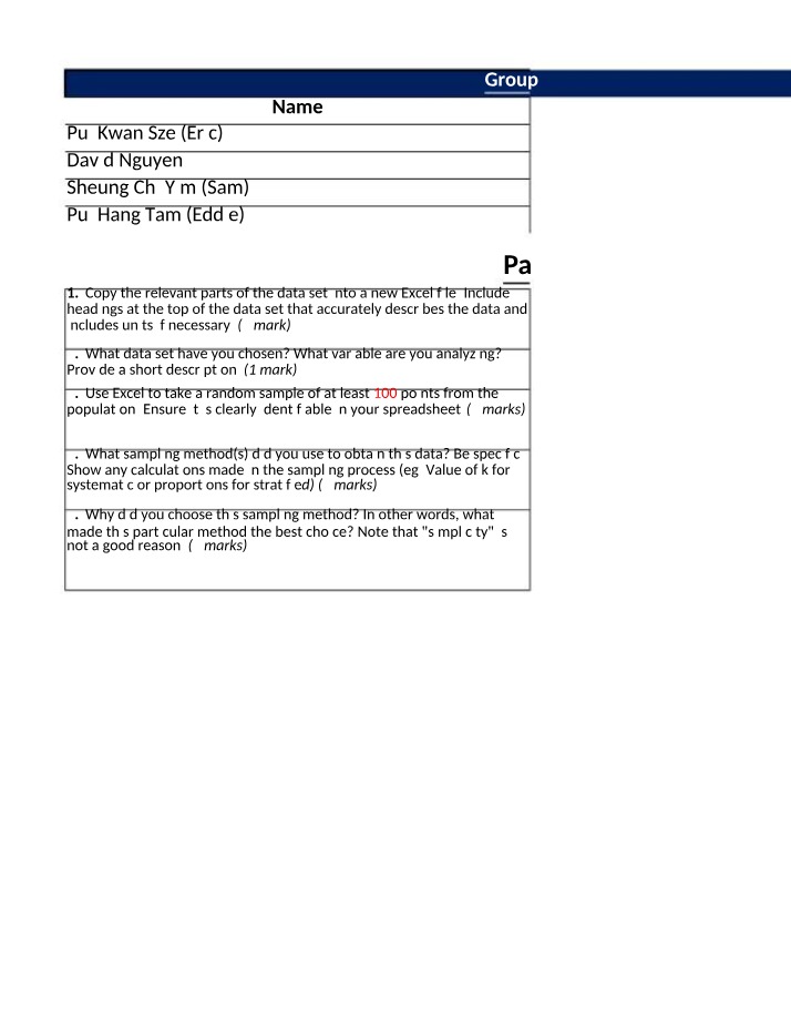 Excel Project Part 2 for STAT 270