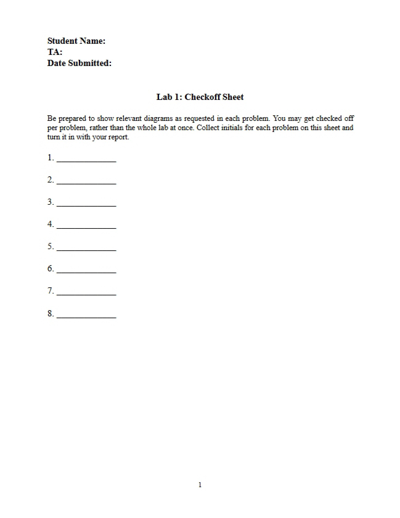 Checkoff Sheet for First Lab