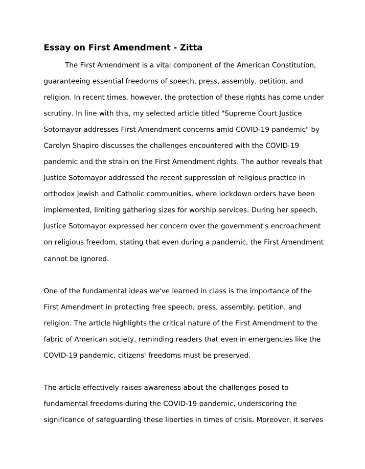 First Amendment Essay by Zitta