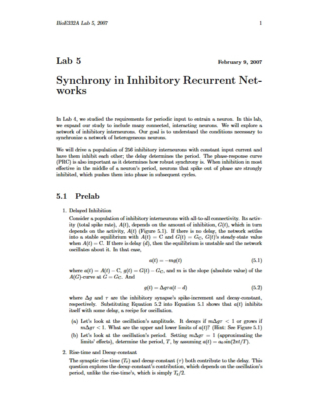 Lab 5 Synchrony in Inhibitory Recurrent Networks