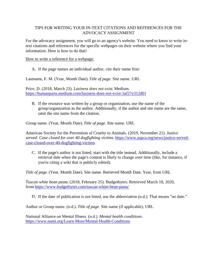 Writing Tips for Advocacy Assignment Citations and References